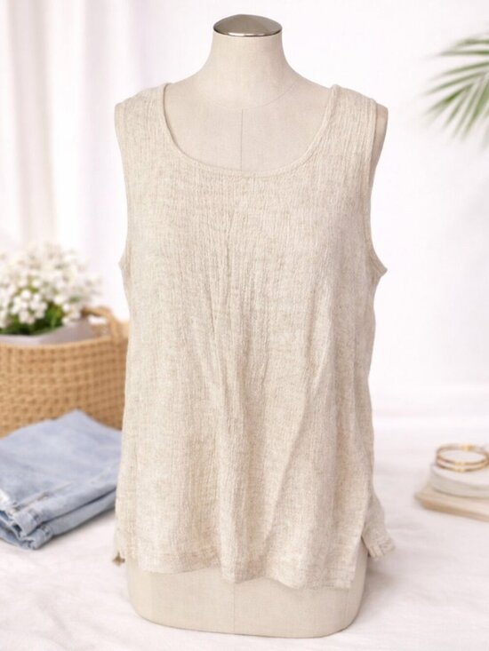 Tops - Women’s Linen Blend Sleeveless Top – Beige Neutral Tank – Size Large